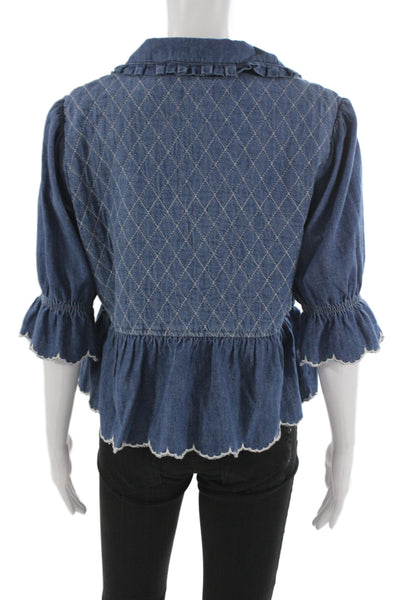 Seventy + Mochi Womens Argyle Collared Tie Blouse Dark Blue 3/4 Sleeve Size M
