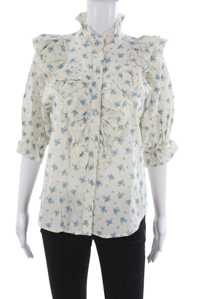The Shirt Womens Beige Floral High Neck Button Up Blouse 3/4 Sleeve Size M