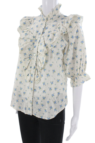 The Shirt Womens Beige Floral High Neck Button Up Blouse 3/4 Sleeve Size M