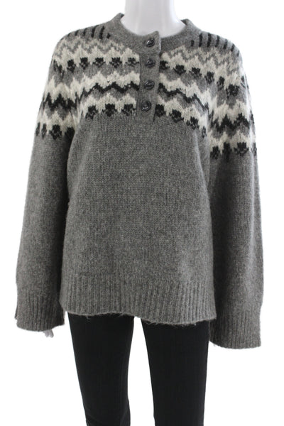 Zara Unisex Henley Pullover Gray Wool Fair Isle Button Crew Neck Size L