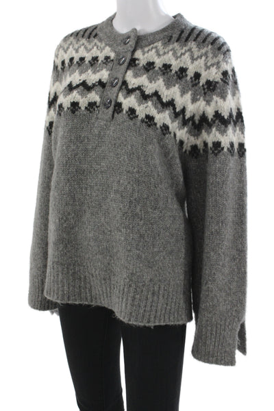 Zara Unisex Henley Pullover Gray Wool Fair Isle Button Crew Neck Size L
