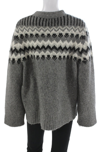 Zara Unisex Henley Pullover Gray Wool Fair Isle Button Crew Neck Size L