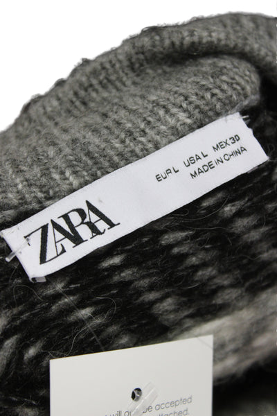 Zara Unisex Henley Pullover Gray Wool Fair Isle Button Crew Neck Size L