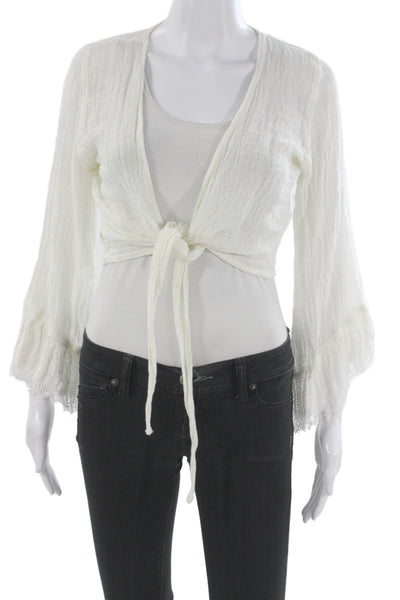Casa Mastro Women Cropped Kimono Top White V-Neck Tie Long Sleeve Linen Size M
