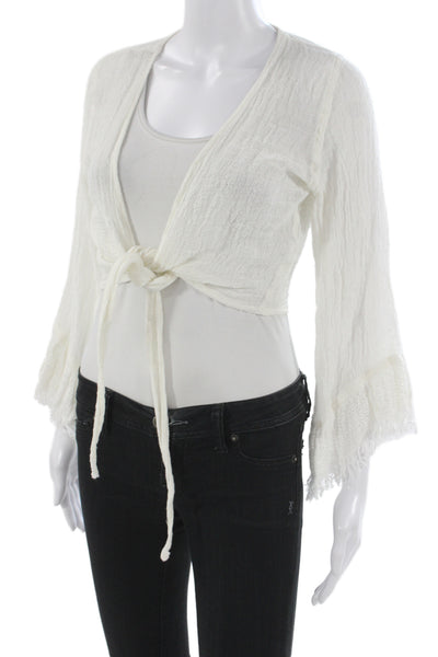 Casa Mastro Women Cropped Kimono Top White V-Neck Tie Long Sleeve Linen Size M