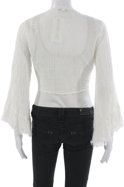 Casa Mastro Women Cropped Kimono Top White V-Neck Tie Long Sleeve Linen Size M
