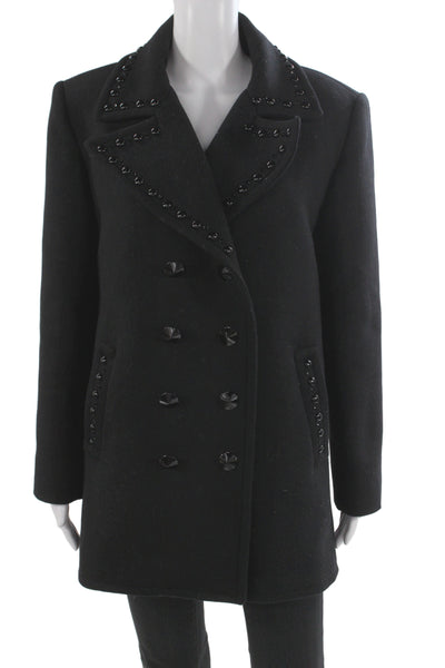 Zara Women Wool Pea Coat Black Collared Button Long Sleeve Size L