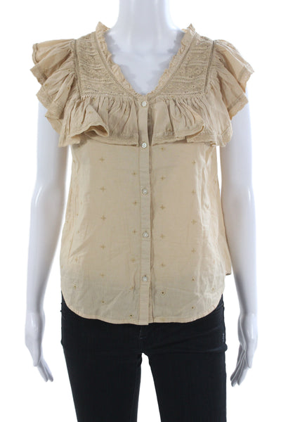 Unsubscribed Womens Bohemian Beige V-Neck Button-Up Blouse Short Sleeve Size 2