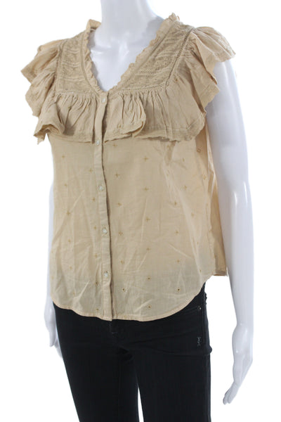 Unsubscribed Womens Bohemian Beige V-Neck Button-Up Blouse Short Sleeve Size 2