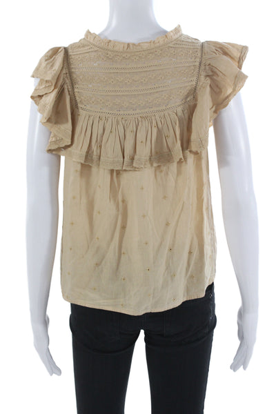 Unsubscribed Womens Bohemian Beige V-Neck Button-Up Blouse Short Sleeve Size 2
