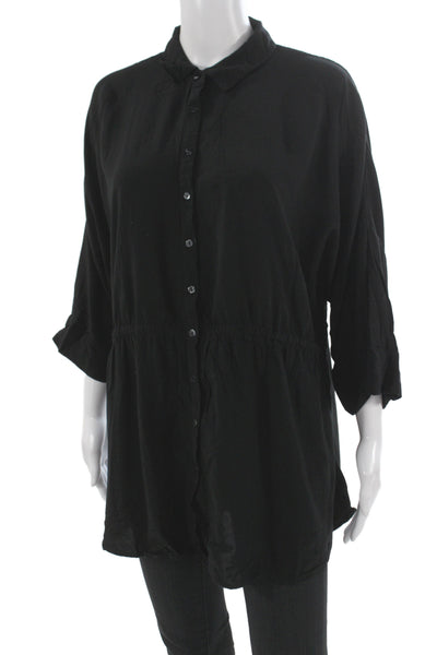 L Space Womens Collared Rayon Tunic Button Up 3/4 Sleeve Black Size XS