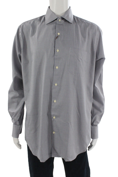 Peter Millar Mens Houndstooth Print Button Down Shirt Blue Brown Size Large