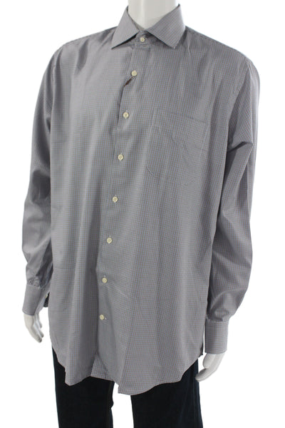Peter Millar Mens Houndstooth Print Button Down Shirt Blue Brown Size Large