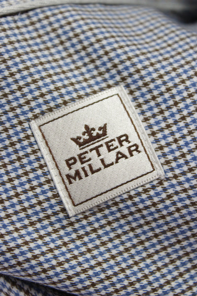 Peter Millar Mens Houndstooth Print Button Down Shirt Blue Brown Size Large