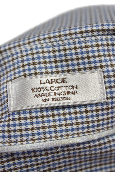 Peter Millar Mens Houndstooth Print Button Down Shirt Blue Brown Size Large