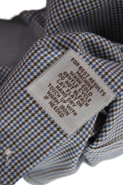 Peter Millar Mens Houndstooth Print Button Down Shirt Blue Brown Size Large