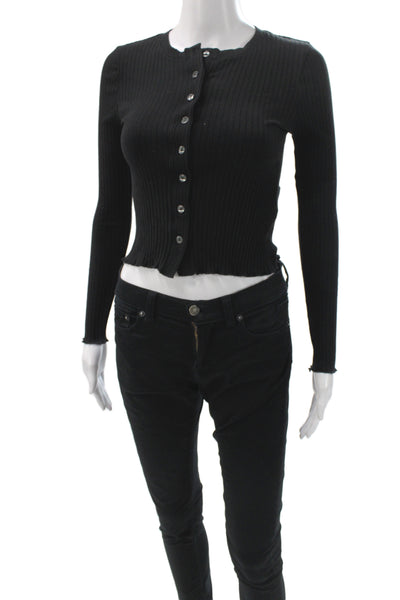 Goldie Womens Cropped Button Up Sweater Black Size S