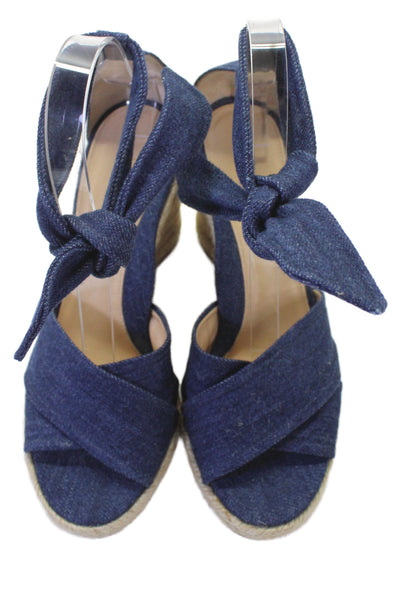 Marion Parke Womens Denim Ankle Strap Espadrille Wedges Blue Size 38.5 8.5
