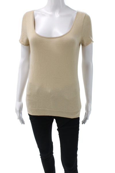 Ralph Lauren Women T-Shirt Beige Cashmere Silk Square Neck Short Sleeve Size M