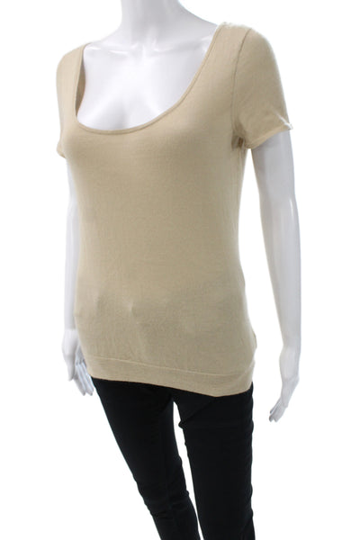 Ralph Lauren Women T-Shirt Beige Cashmere Silk Square Neck Short Sleeve Size M