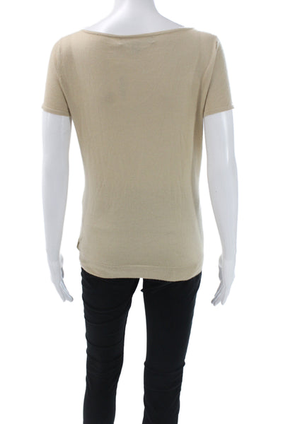 Ralph Lauren Women T-Shirt Beige Cashmere Silk Square Neck Short Sleeve Size M