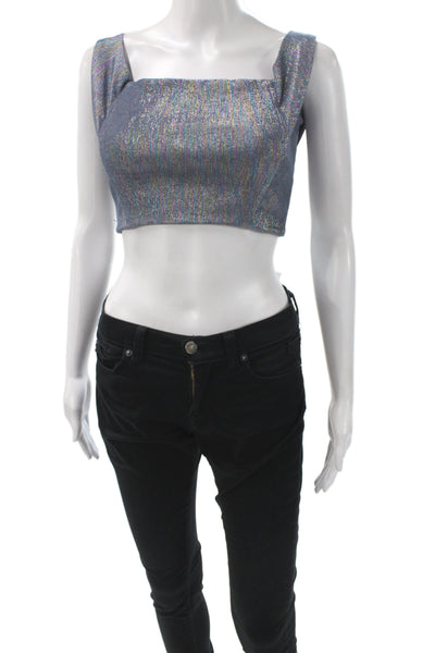 Michelle Mason Womens Cropped Silk Square Neck Sleeveless Top Blue 80s Size 2