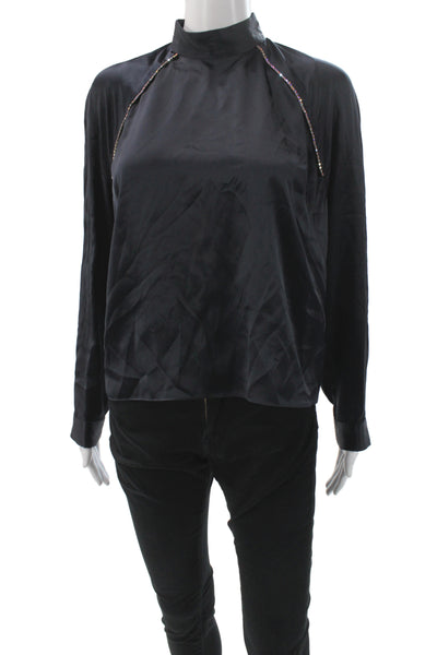 Michelle Mason Women Blouse Silk Mock Neck Long Sleeve Button Black Size 0