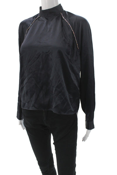 Michelle Mason Women Blouse Silk Mock Neck Long Sleeve Button Black Size 0