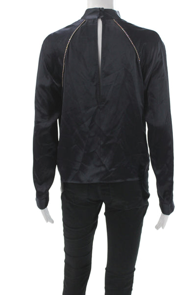Michelle Mason Women Blouse Silk Mock Neck Long Sleeve Button Black Size 0