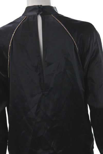 Michelle Mason Women Blouse Silk Mock Neck Long Sleeve Button Black Size 0