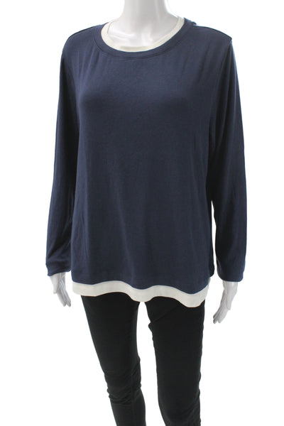 Three Dots Womens Basic Long Sleeve Round Neck T Shirt Dark Blue Size XL