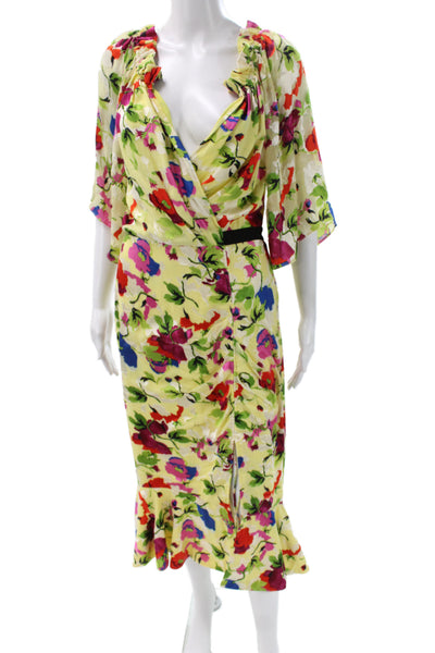 Saloni Womens Wrap Dress Yellow Floral V Neck Full Length Size 6