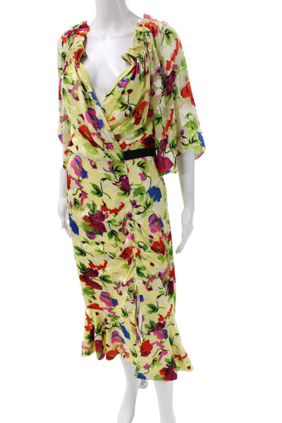 Saloni Womens Wrap Dress Yellow Floral V Neck Full Length Size 6