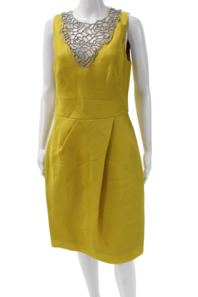 Lela Rose Womens Sheath Dress Silk Crystal Embroidery Yellow Zip Size 8