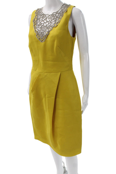 Lela Rose Womens Sheath Dress Silk Crystal Embroidery Yellow Zip Size 8