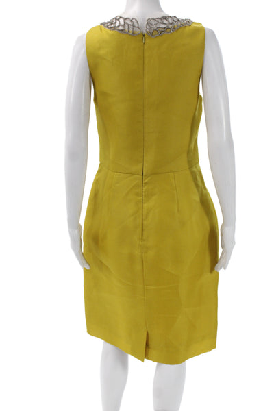 Lela Rose Womens Sheath Dress Silk Crystal Embroidery Yellow Zip Size 8