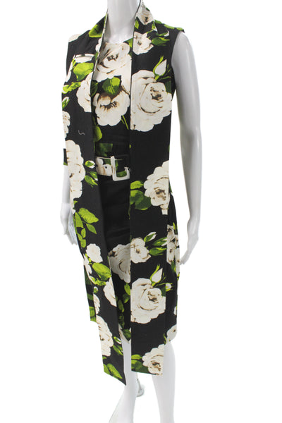 Samantha Sung Women Jacket Dress Black Floral Mid-Calf Sleeveless Size 8