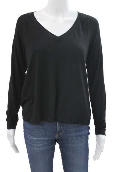 Enza Costa Womens Black V-Neck Basic Long Sleeve T-Shirt Rayon Silk Size S
