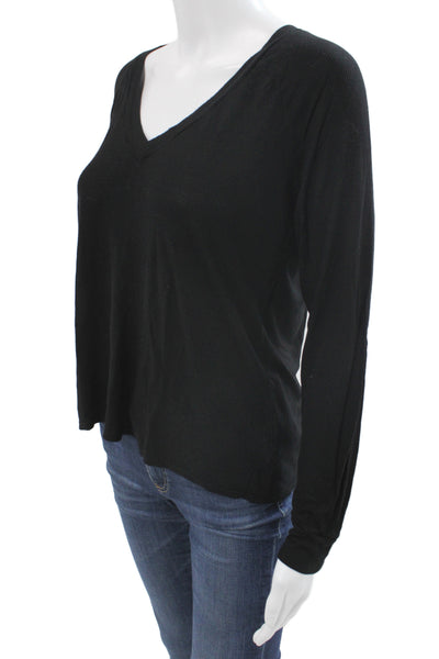 Enza Costa Womens Black V-Neck Basic Long Sleeve T-Shirt Rayon Silk Size S
