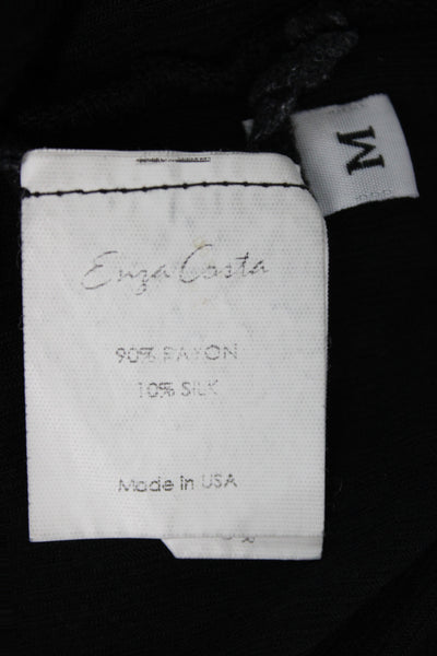 Enza Costa Womens Black V-Neck Basic Long Sleeve T-Shirt Rayon Silk Size S