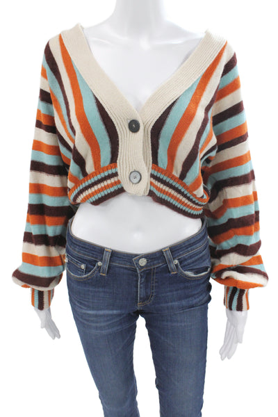 Forte_Forte Unisex Beige Striped V-Neck Cardigan Long Sleeve Size 0