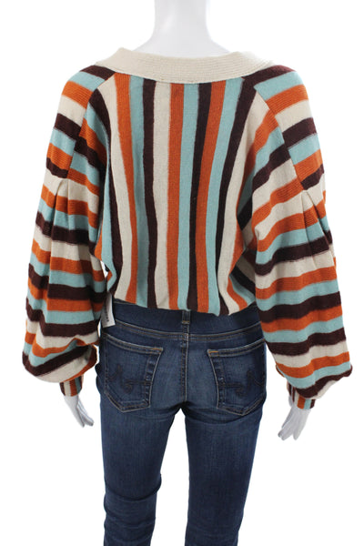 Forte_Forte Unisex Beige Striped V-Neck Cardigan Long Sleeve Size 0