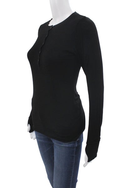 Michael Lauren Womens Basic Black Crew Neck Long Sleeve Button Up Top Size S