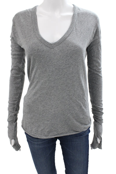 Enza Costa Women Basic Gray V Neck Long Sleeve Cotton Polyester Top Size S