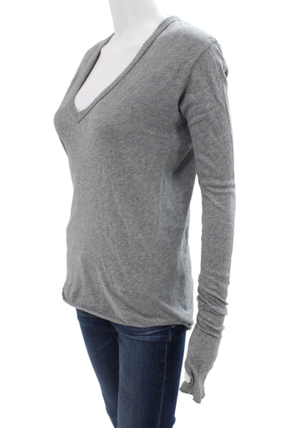 Enza Costa Women Basic Gray V Neck Long Sleeve Cotton Polyester Top Size S