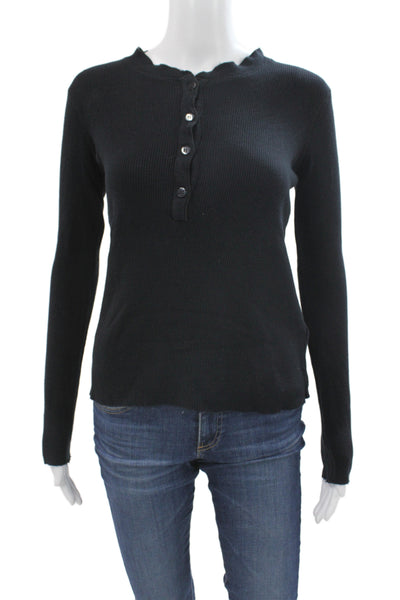 Pharaoh Women Black Grunge Basic Button-Up Long Sleeve Crew Neck Top Size S