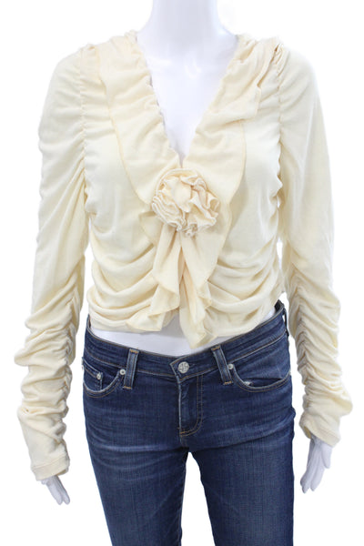 Tach Clothing Womens Cropped V-Neck Long Sleeve Blouse Boho Beige Size L