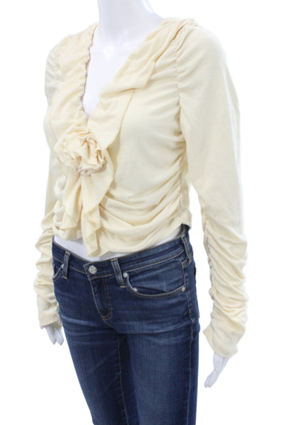 Tach Clothing Womens Cropped V-Neck Long Sleeve Blouse Boho Beige Size L