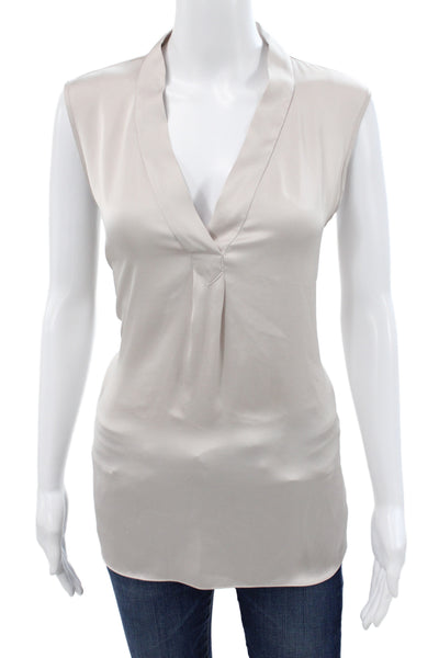R Label Women Tunic V-Neck Sleeveless Beige Polyester Solid Size L
