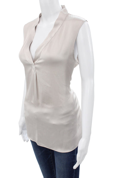 R Label Women Tunic V-Neck Sleeveless Beige Polyester Solid Size L